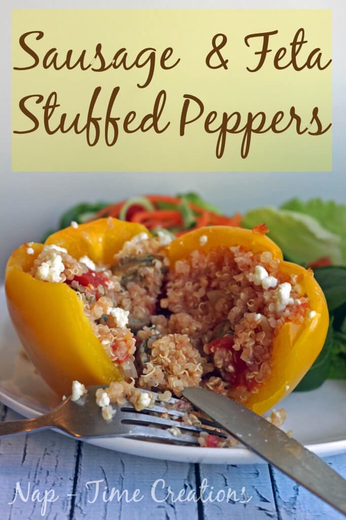 Sausage Stuffed Peppers with Feta on a plate.