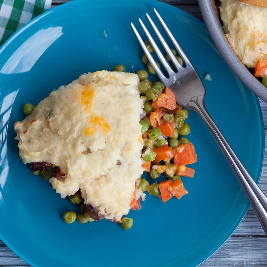 Vegetarian Ranch Shepherds Pie on a plate with a fork.