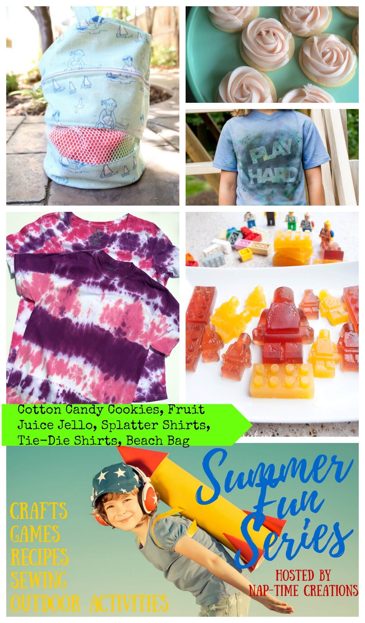 Summer Fun #1 Cotton Candy Cookies - tie dye shirts - fruit juice lego jello - Splatter shirts - Beach Bag - From Nap-Time Creations